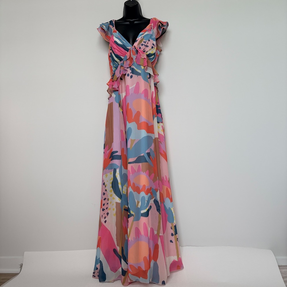 Hutch Maxi Dress Abstract Floral Ruffle Cutout Back Size M Multicolor